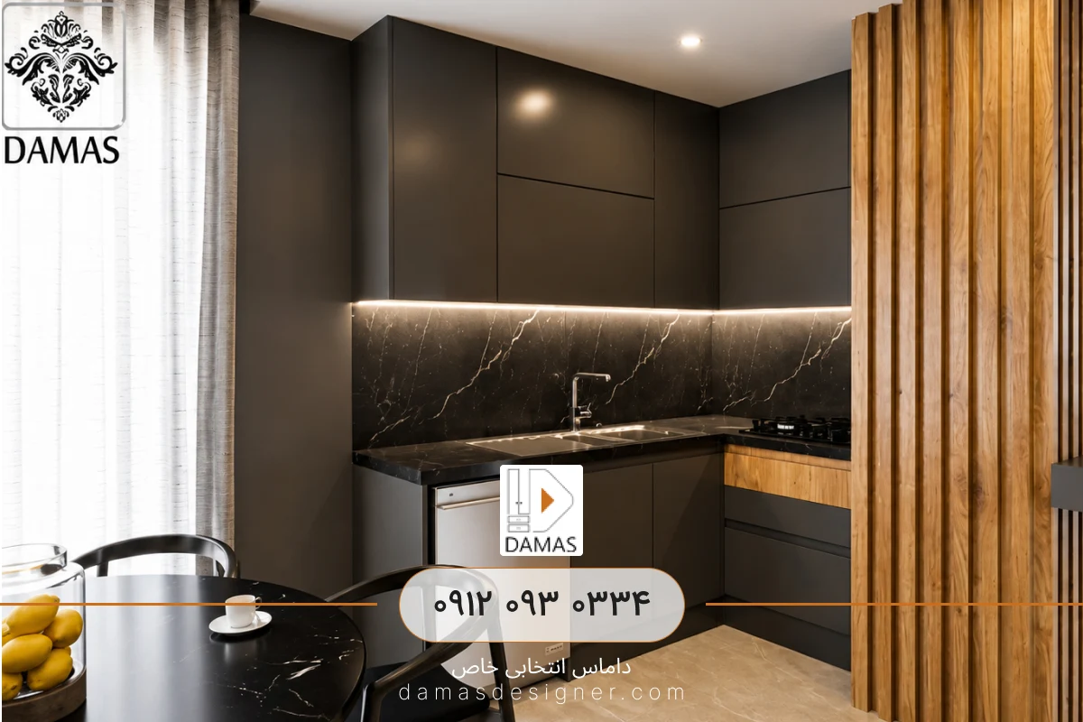 سفارش کابینت مدرن مشکی و طرح چوب در کرج